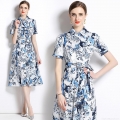 Elegant Blue and White Floral Bird Print Midi Dress for Women Short Sleeve Shirt Collar A-Line Summer Dress with Belt Single Breasted Vintage Party Dress