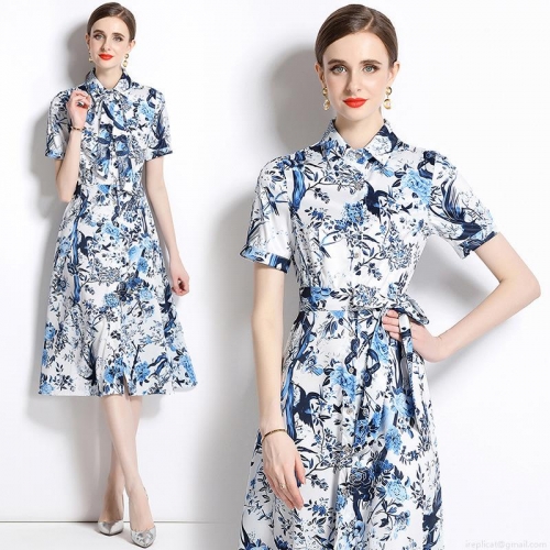 Elegant Blue and White Floral Bird Print Midi Dress for Women Short Sleeve Shirt Collar A-Line Summer Dress with Belt Single Breasted Vintage Party Dress
