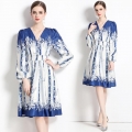 Women Elegant V-Neck Floral Print Satin Midi Dress Long Lantern Sleeve Elastic Waist Blue White Porcelain Style Party Dress