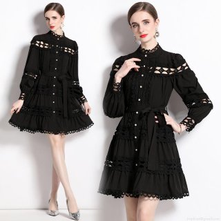 Women Palace Style Stand Collar Hollow Out Lace Midi Dress Long Lantern Sleeve Single Breasted Pearl Button Elegant Party Dress With Belt