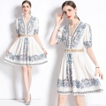 French Retro V-Neck Floral Print Midi Dress With Straw Belt Acetate Fiber Short Puff Sleeve A-Line Button Front Summer Dress For Women Elegant Vacation Style