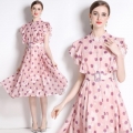 Women's Elegant Polka Dot Chiffon Dress Stand Collar Ruffle Sleeve High Waist A-line Big Swing Midi Dress With Belt For Summer Party Commute