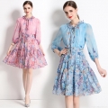 Elegant Women Floral Print Polyester Chiffon Midi Dress Lantern Sleeve V-Neck Ruffle Tie Waist A-Line Slim Fit Flowy Casual Party Dresses