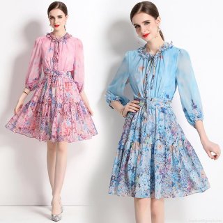 Elegant Women Floral Print Polyester Chiffon Midi Dress Lantern Sleeve V-Neck Ruffle Tie Waist A-Line Slim Fit Flowy Casual Party Dresses
