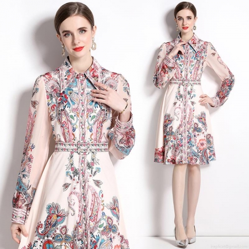 Vintage Paisley Floral Print Chiffon Midi Dress for Women Elegant Puff Long Sleeve Single Breasted A-Line Dress with Belt Bohemian Summer Party Outfits