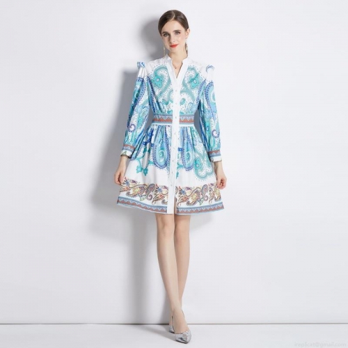 Women Elegant Paisley Print V-Neck Long Sleeve Dress High Waist Single Breasted A-Line Bohemian Midi Dress For Party Casual Vacation Lady Clothing