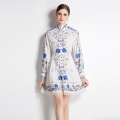 Women's Elegant Stand Collar Long Sleeve Floral Print Lace Patchwork Midi A-Line Dress Single Breasted Polyester Lace White Blue Purple Casual Commute Party Dress