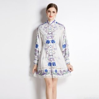 Women's Elegant Stand Collar Long Sleeve Floral Print Lace Patchwork Midi A-Line Dress Single Breasted Polyester Lace White Blue Purple Casual Commute Party Dress