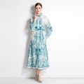 Women's Vintage Elegant Floral Printed Maxi Dress Long Sleeve Bow Tie Neck Single Breasted Chiffon Feel A-Line Dress With Belt For Party Commute
