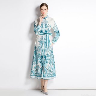 Women's Vintage Elegant Floral Printed Maxi Dress Long Sleeve Bow Tie Neck Single Breasted Chiffon Feel A-Line Dress With Belt For Party Commute