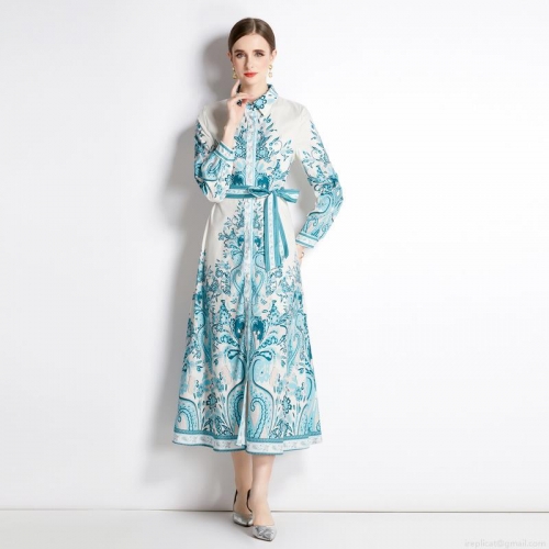 Women's Vintage Elegant Floral Printed Maxi Dress Long Sleeve Bow Tie Neck Single Breasted Chiffon Feel A-Line Dress With Belt For Party Commute