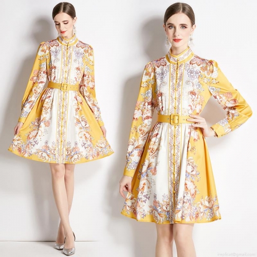 Elegant Vintage Floral Print A-Line Midi Dress Stand Collar Long Sleeve Satin Texture Women Party Evening Gown With Belt