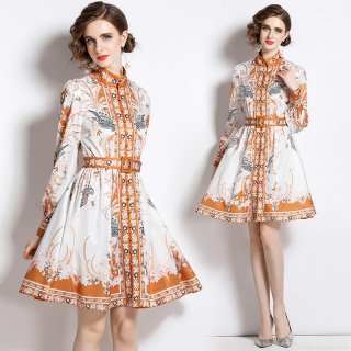 Elegant Vintage Phoenix Print Stand Collar Long Lantern Sleeve Midi Dress With Matching Belt For Women Party Banquet Office Lady Commuter Satin Texture A-Line Dress