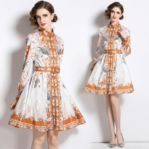 Elegant Vintage Phoenix Print Stand Collar Long Lantern Sleeve Midi Dress With Matching Belt For Women Party Banquet Office Lady Commuter Satin Texture A-Line Dress