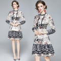 Elegant Women Floral Printed Chiffon Dress Long Sleeve Stand Collar Ruffle Hem Slimming Waist Retro Lace Patchwork Midi Dress