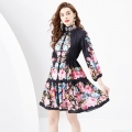 Polyester Floral Print Midi Dress Vintage Stand Collar Lantern Sleeve Ruffle Hem A-Line For Women Elegant Spring Summer Long Sleeve Rose Pattern Party Dress