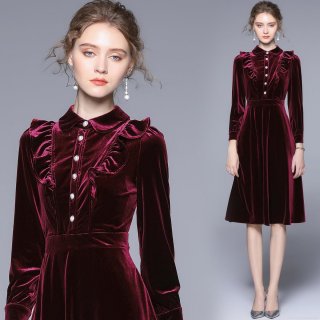 Women's Elegant Wine Red Velvet Midi Dress Long Sleeve Ruffle Peter Pan Collar Pearl Button Slim Fit Retro A-Line Dress for Banquet Party Evening Event