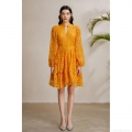 Women V Neck Lantern Sleeve Lace Embroidery Midi Dress Elegant Pearl Button Slim A-Line Vacation Party Dress Solid Yellow Fashion Clothing