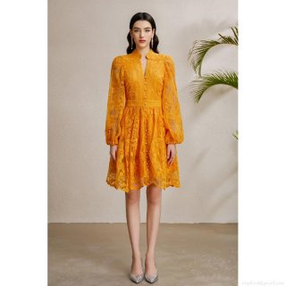Women V Neck Lantern Sleeve Lace Embroidery Midi Dress Elegant Pearl Button Slim A-Line Vacation Party Dress Solid Yellow Fashion Clothing