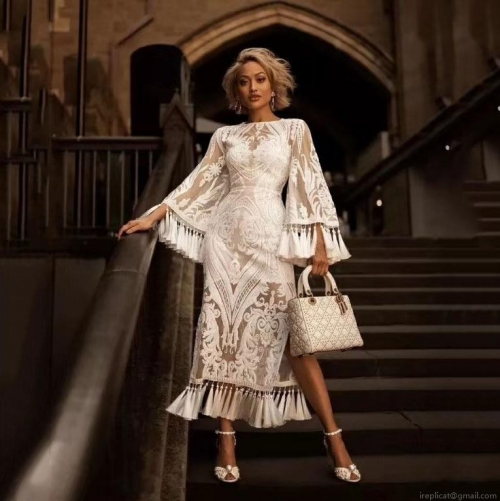 Elegant Lace Embroidery Midi Dress With Tassels Long Sleeve V-Neck Hollow Out Gown For Party Wedding Women Spring Fashion