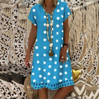 Women's Polka Dot V Neck Short Sleeve Midi Dress With Hollow Out Hem Elegant Casual Summer Cotton Blend Breathable A-Line Vacation Dress