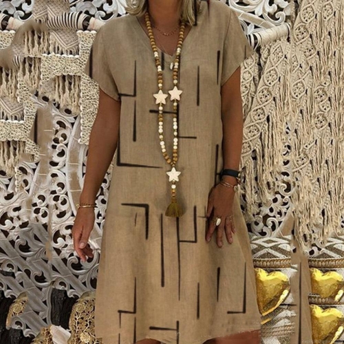Women's Plus Size Bohemian Geometric Line Print Midi Dress Loose Fit V-Neck Short Sleeve Summer Vacation Casual Polyester Dress For Women S-5XL