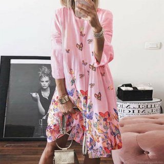 Women Butterfly Palm Leaf Print Midi Dress Cotton Linen Blend Loose Casual Long Sleeve V Neck Bohemian Dress For Summer Vacation Daily Wear Plus Size