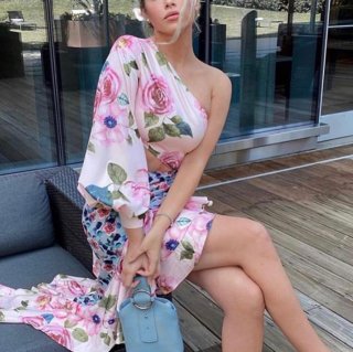 Women's Elegant One Shoulder Floral Midi Dress Asymmetric Lantern Sleeve Waist Cutout Irregular Ruffle Hem Chiffon Polyester Dress For Summer Vacation Beach Party