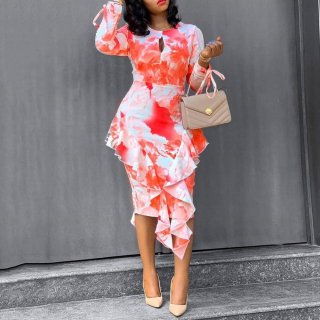 Women's Elegant Floral Print Long Sleeve Midi Dress Ruffle Hem Bodycon Pencil Dress For Office Commute Party Ladies Polyester Blend Slim Fit Dress