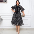 Elegant Black Flocked Rose Floral Lace Midi Dress For Women Stand Collar Puff Sleeve Mesh Patchwork Party Evening Dress With Velvet Bow Tie Waist Belt