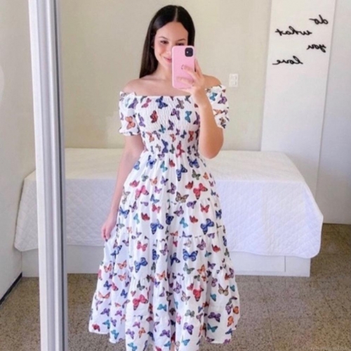 Women's Off-The-Shoulder Floral Printed Tiered Midi Dress Elegant Short Sleeve French Style Summer Polyester Dress For Daily Vacation Beach Women Clothing
