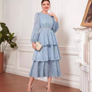 Vintage French Style Women Long Sleeve Round Neck Tiered Layered Cake Dress Solid Color Fringe Faux Feather Textured Slim Fit Midi Dress For Spring Party Casual Wear