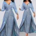 Women's Elegant V Neck Sequin Evening Gown Sparkly Long Sleeve High Split Maxi Dress For Banquet Wedding Party Sexy Formal Prom Dresses
