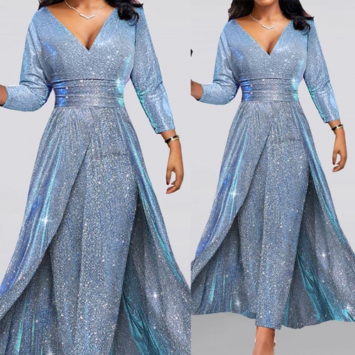 Women's Elegant V Neck Sequin Evening Gown Sparkly Long Sleeve High Split Maxi Dress For Banquet Wedding Party Sexy Formal Prom Dresses