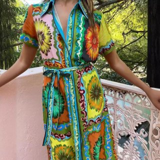 Women's Vintage Sunflower Print Short Sleeve Shirt Dress Elegant Lapel Button Down Midi Dress With Belt For Summer Vacation Boho Style