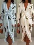 Women's Elegant Wrap Dress Satin Polyester Deep V-Neck Long Sleeve Floral Leaf Print Belted Midi Dress For Date Office Daily Wear