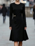 Women's Minimalist Black Long Sleeve Bodycon Midi Dress with Gold Metal Buckle Elegant Slim Fit Autumn Winter Polyester Dress for Office Dating Lady