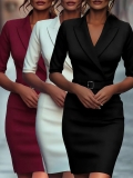 Elegant Women's Lapel Blazer Dress Solid Color Slim Fit Half Sleeve Commuting Midi Dress With Waist Tie Belt For Office Work Business Party