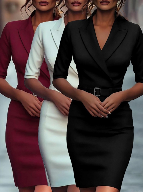 Elegant Women's Lapel Blazer Dress Solid Color Slim Fit Half Sleeve Commuting Midi Dress With Waist Tie Belt For Office Work Business Party