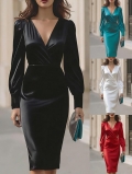 Women's Elegant Satin V-Neck Long Sleeve Midi Dress Slim Fit High Waist Solid Color Formal Party Evening Dress Sexy Sheath Bodycon Gown