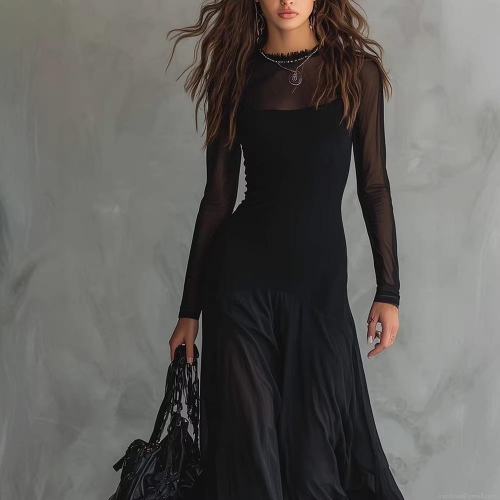 Women's Sexy Sheer Mesh Patchwork Bodycon Midi Dress Long Sleeve Elegant Ruched Black Pencil Dress For Party Clubwear Evening Lady Clothing