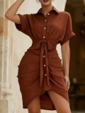 Women's Elegant Short Sleeve Shirt Dress Polyester Lapel Button Down Belted Waist Midi Dress Pleated Irregular Hem Solid Color Dress For Office Party Daily