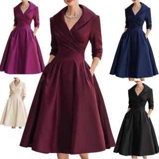 Women's Elegant Satin Lapel Crossover V-Neck Long Sleeve Midi Dress High Waist Pleated A-Line Swing Party Evening Gown Office Commuter Solid Color Dress With Pockets