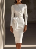 Elegant White Satin Long Sleeve Midi Dress With Bow Knot Rhinestone Decoration Slim Fit Bodycon Pencil Dress For Women Party Wedding Event