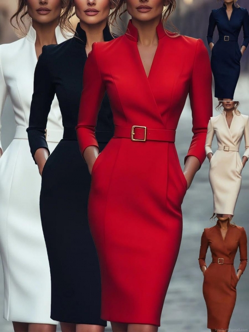 Elegant V-Neck Bodycon Midi Dress with Belt Long Sleeve Polyester Business Office Dress for Women Professional Work Party Outfits