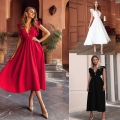 Women's Elegant Deep V Neck Ruffle Sleeveless Midi Dress Solid Color High Waist A-Line Big Swing Cocktail Wedding Guest Party Dress
