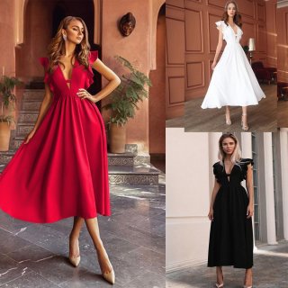 Women's Elegant Deep V Neck Ruffle Sleeveless Midi Dress Solid Color High Waist A-Line Big Swing Cocktail Wedding Guest Party Dress