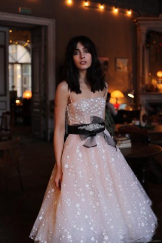 Sexy Women's Star Sequin Mesh Midi Dress Tulle Camisole Sleeveless Party Wedding Prom Evening Gown With Black Bow Satin Belt Polyester Fabric