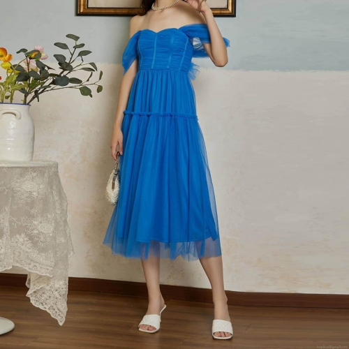 Women's Elegant Blue Off-the-shoulder Mesh Midi Dress Tiered Tulle Princess Dress For Wedding Party Sweet Retro Style Women's Clothing