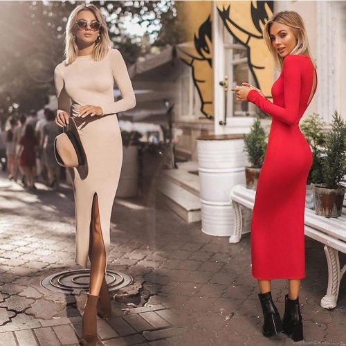 Women's Elegant Hollow Out Long Sleeve Slim Fit Midi Dress Sexy Solid Color Bodycon Pencil Dress For Evening Party Clubwear